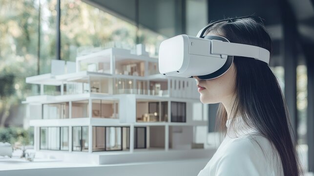 Woman uses VR headset, viewing house model, modern office background, architectural design