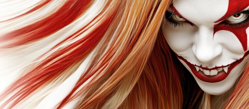 Red-haired woman, sinister smile, digital art, fantasy background, game asset