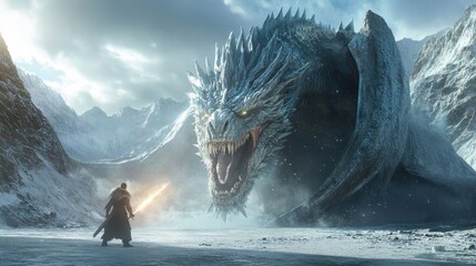 Beowulf battles a colossal ice dragon.