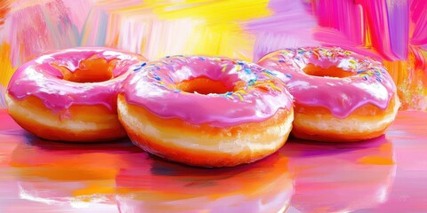 Obraz premium Delicious pink frosted donuts decorated with colorful sprinkles on a vibrant abstract background