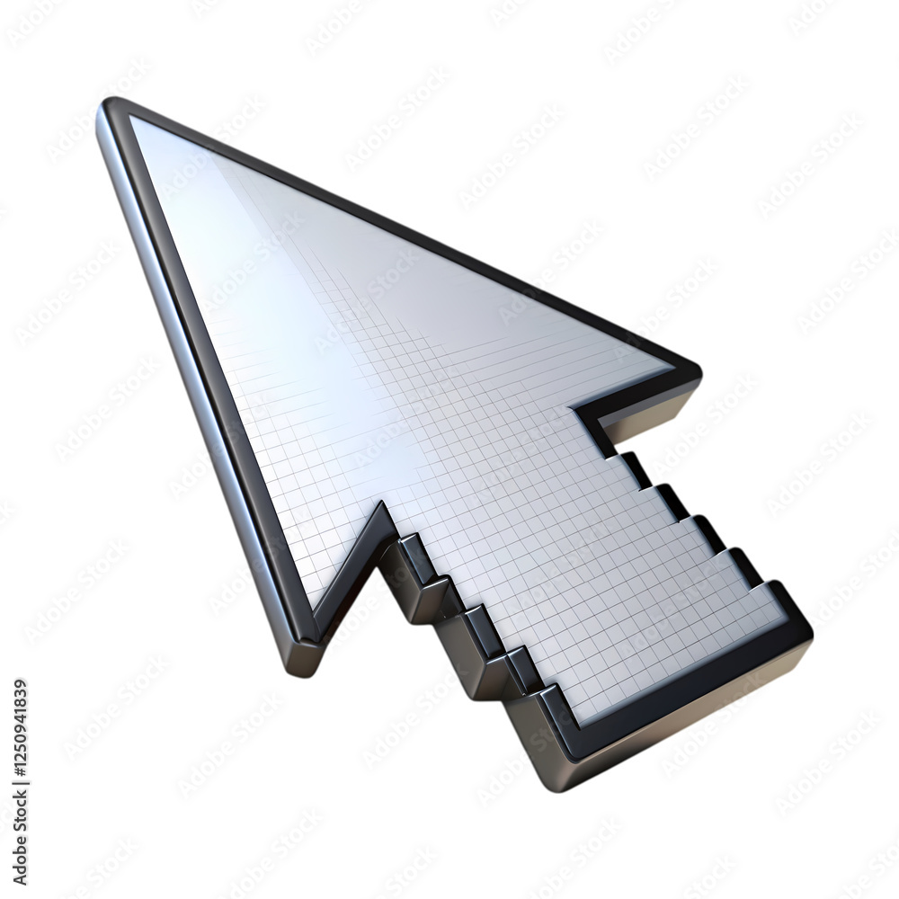 Poster stylish 3d render of a silver cursor arrow icon design for digital on transparent background web gri