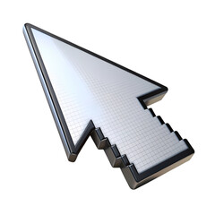 Stylish 3d render of a silver cursor arrow icon design for digital on transparent background web grid