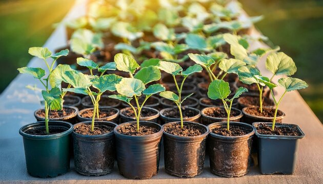 Seedlings of organic vegetables in pots, growing pumpkin plants