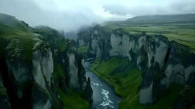 Aerial View of Fja�r�rglj�fur Canyon, Iceland Misty Mountain River Landscape