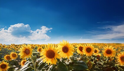 Obraz premium Yellow sunflower in blue sky, summer nature background, copy space