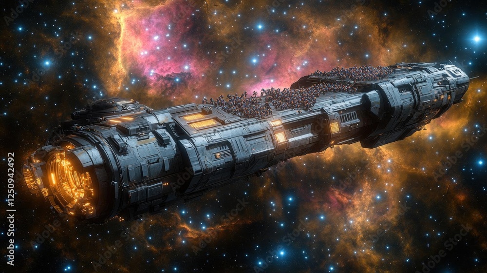 Poster massive spaceship in deep space nebula