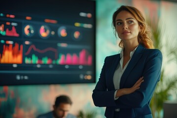 Confident businesswoman standing with arms crossed, observing financial data displayed on a large screen in the background.