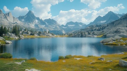 Naklejka premium Calm alpine lake reflecting mountains, sunny day, travel brochure