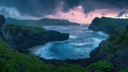 Scenic rocky coastline at sunset with lush green cliffs overlooking ocean waves.