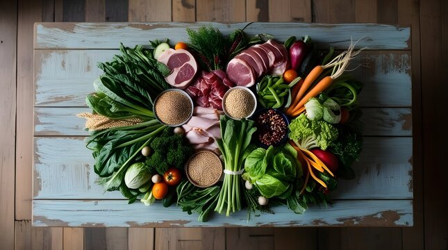 Colorful preparation display of fresh vegetables, meats and seasoning herbs on a wooden board