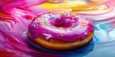 Obraz premium Brightly colored donut with pink icing and sprinkles displayed against a vibrant swirling background