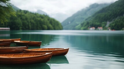 Obraz premium Wooden boats lake alpine mountains tourism travel