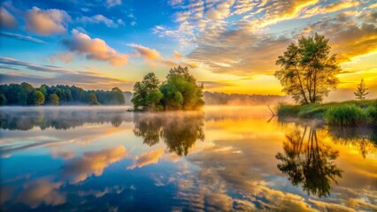 Serene Sunrise Over Tranquil Lake with Colorful Reflections