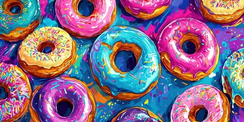 Fototapeta premium Colorful donuts with sprinkles displayed on a vibrant background creating an appetizing visual feast