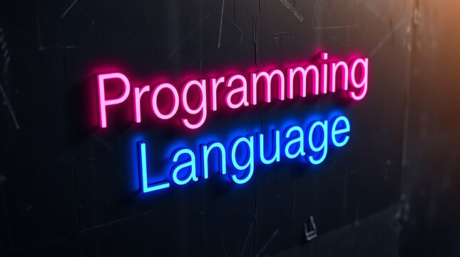 Programming Languages and High-Tech Development, coding, software development, neon sign, futuristic tech, programming concepts, JavaScript, Python, Java, C++, HTML, CSS, coding background.