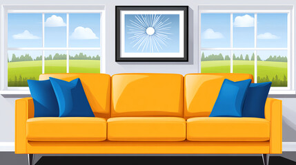 Bright yellow sofa with blue cushions in modern living room cozy interior vibrant atmosphere home decor