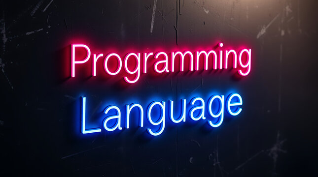Programming Languages and High-Tech Development, coding, software development, neon sign, futuristic tech, programming concepts, JavaScript, Python, Java, C++, HTML, CSS, coding background.