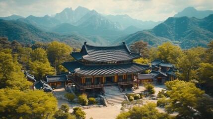 Fototapeta premium Mountain Temple Aerial View Serenity amidst peaks