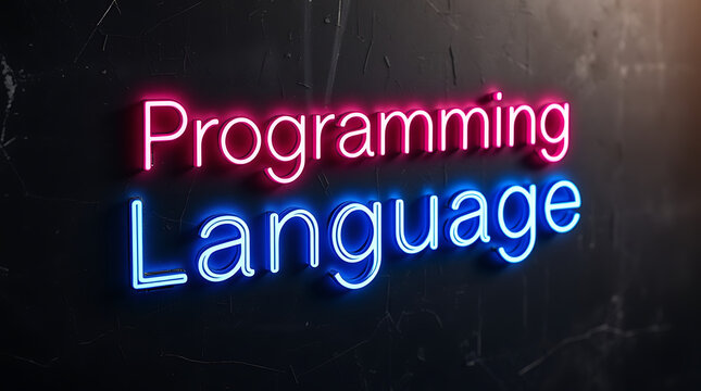 Programming Languages and High-Tech Development, coding, software development, neon sign, futuristic tech, programming concepts, JavaScript, Python, Java, C++, HTML, CSS, coding background.