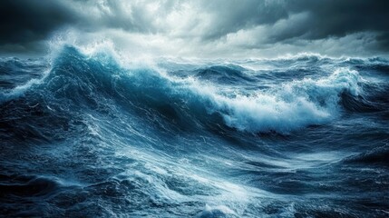 Powerful blue ocean waves rising against wind, forming dramatic deep sea patterns.