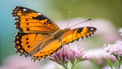 Obraz premium Gulf Fritillary Butterfly on Flower: A vibrant Gulf Fritillary butterfly with striking orange and black markings delicately rests on a cluster of pale pink flowers.
