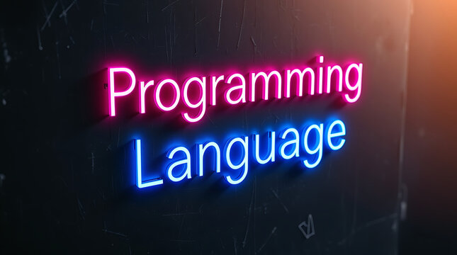 Programming Languages and High-Tech Development, coding, software development, neon sign, futuristic tech, programming concepts, JavaScript, Python, Java, C++, HTML, CSS, coding background.