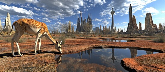Fototapeta premium Giraffe drinks, futuristic city backdrop, arid landscape, concept art