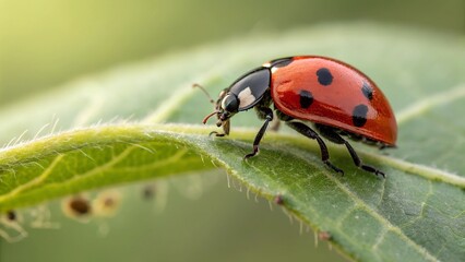 Fototapeta premium Ladybug on Leaf Close-up: A vibrant red ladybug with black spots delicately rests on a lush green leaf, showcasing intricate details in a captivating macro photograph.