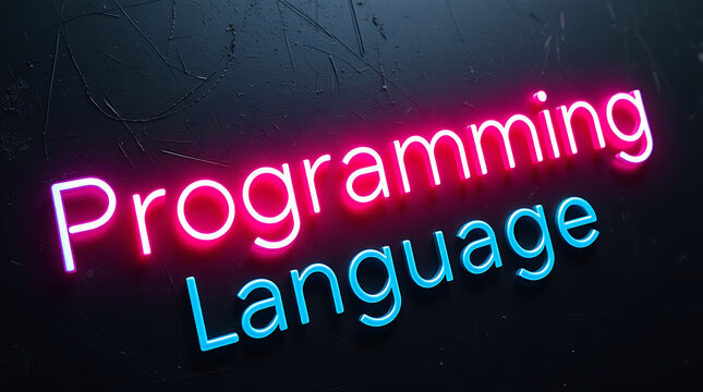 Programming Languages and High-Tech Development, coding, software development, neon sign, futuristic tech, programming concepts, JavaScript, Python, Java, C++, HTML, CSS, coding background.