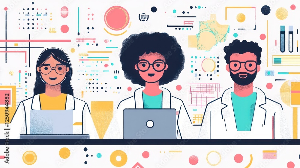 Poster diverse scientists collaborating on laptops in a lab.