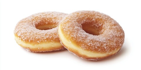 Freshly made sugar-coated donuts on a white background ready for enjoyment at any time of day