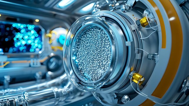 Futuristic Tech: Silver Spheres in Glass Vessel - Futuristic Techno.