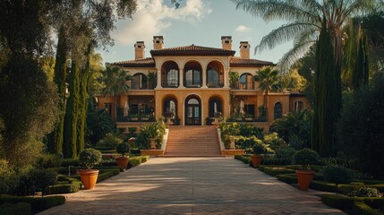 Fototapeta premium Luxurious Mediterranean villa, landscaped driveway, sunny Florida estate, real estate marketing
