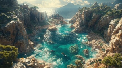 Obraz premium Coastal cove, turquoise water, rocky cliffs, sunlit, adventure travel