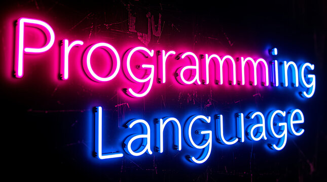 Programming Languages and High-Tech Development, coding, software development, neon sign, futuristic tech, programming concepts, JavaScript, Python, Java, C++, HTML, CSS, coding background.