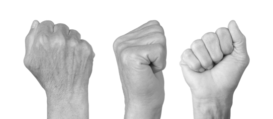 Clenched female fist raised in a powerful gesture symbolizing strength, protest, and solidarity. Representation of revolution, freedom, and action. Isolated on white background.