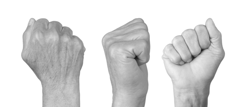 Clenched female fist raised in a powerful gesture symbolizing strength, protest, and solidarity. Representation of revolution, freedom, and action. Isolated on white background.