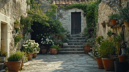 Stone courtyard, blooming plants, old building, sunny day, travel brochure