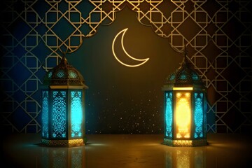 Luminous Ramadan Lanterns with Crescent Moon and Islamic Geometric Pattern Background