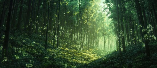 Obraz premium Digital data flows in sunlit forest path