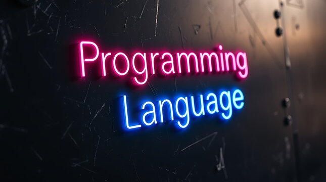 Programming Languages and High-Tech Development, coding, software development, neon sign, futuristic tech, programming concepts, JavaScript, Python, Java, C++, HTML, CSS, coding background.