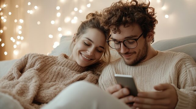 Couple celebrating anniversary virtually while sitting on a couch looking at a smartphone