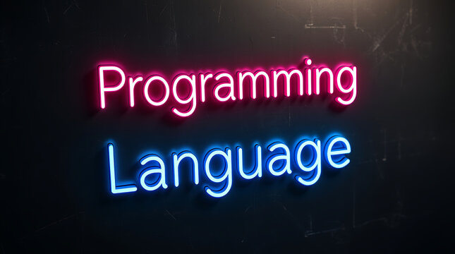 Programming Languages and High-Tech Development, coding, software development, neon sign, futuristic tech, programming concepts, JavaScript, Python, Java, C++, HTML, CSS, coding background.