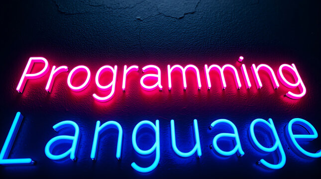 Programming Languages and High-Tech Development, coding, software development, neon sign, futuristic tech, programming concepts, JavaScript, Python, Java, C++, HTML, CSS, coding background.
