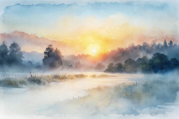 Sunrise over misty landscape, soft watercolor style, serene nature scene, tranquil morning light.