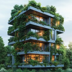 Green apartment building sunset, urban nature, eco-friendly design, foliage, real estate
