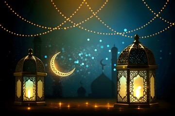 Ramadan Festive Night Scene with Lit Lanterns and Crescent Moon