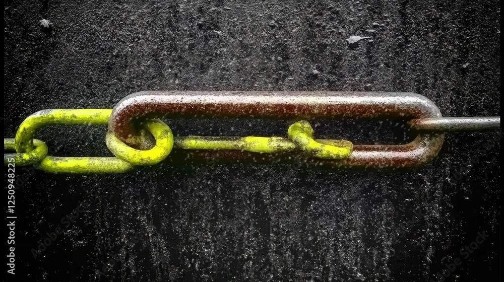 Poster a close-up of a rusty chain link with a bright yellow link intertwined.