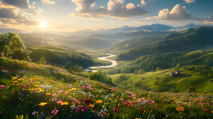Serene Sunset Over a Blooming Valley and Winding River