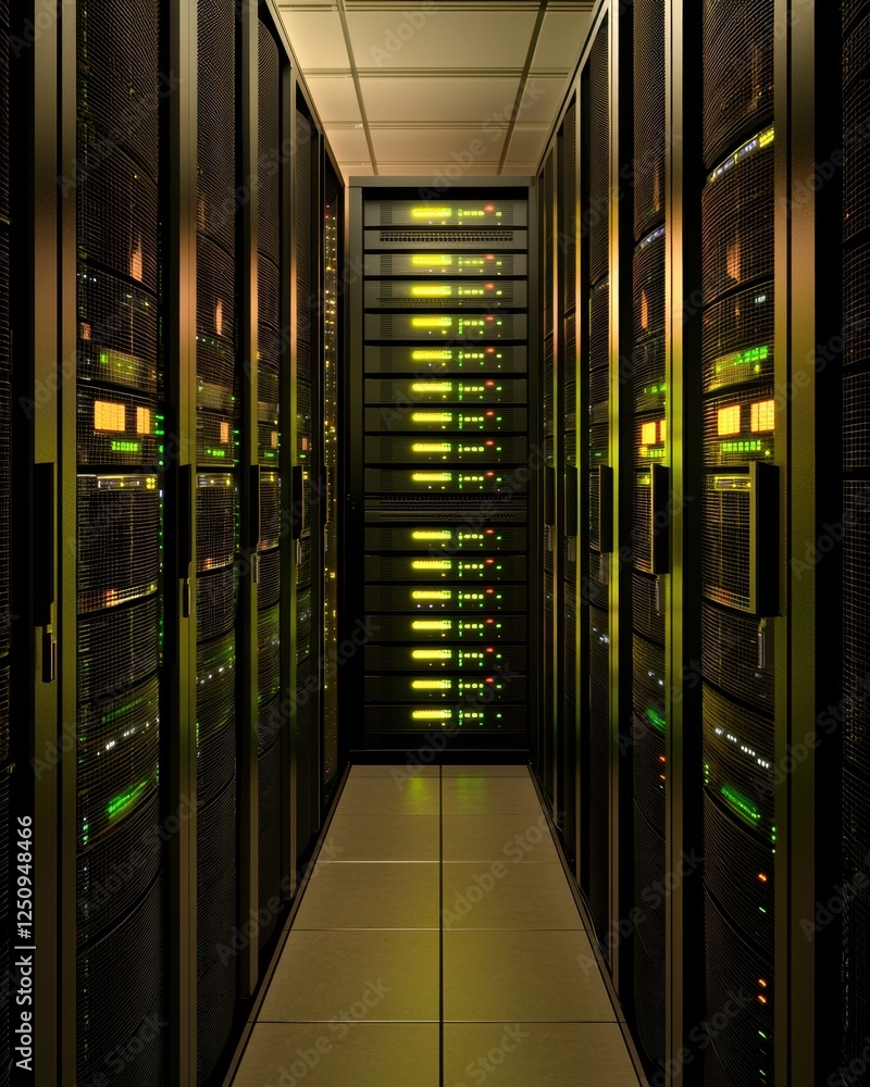 Poster data center server room corridor rows of network servers with glowing lights
